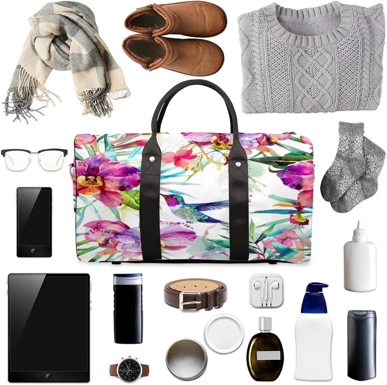 Floral Hummingbird Travel Bag for Men Women, Gym Duffle Bags for Travel, Carry On Luggage Bag, Weekender Overnight Workout Bags