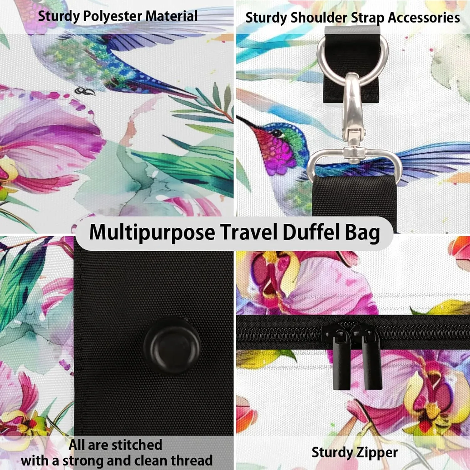 Floral Hummingbird Travel Bag for Men Women, Gym Duffle Bags for Travel, Carry On Luggage Bag, Weekender Overnight Workout Bags