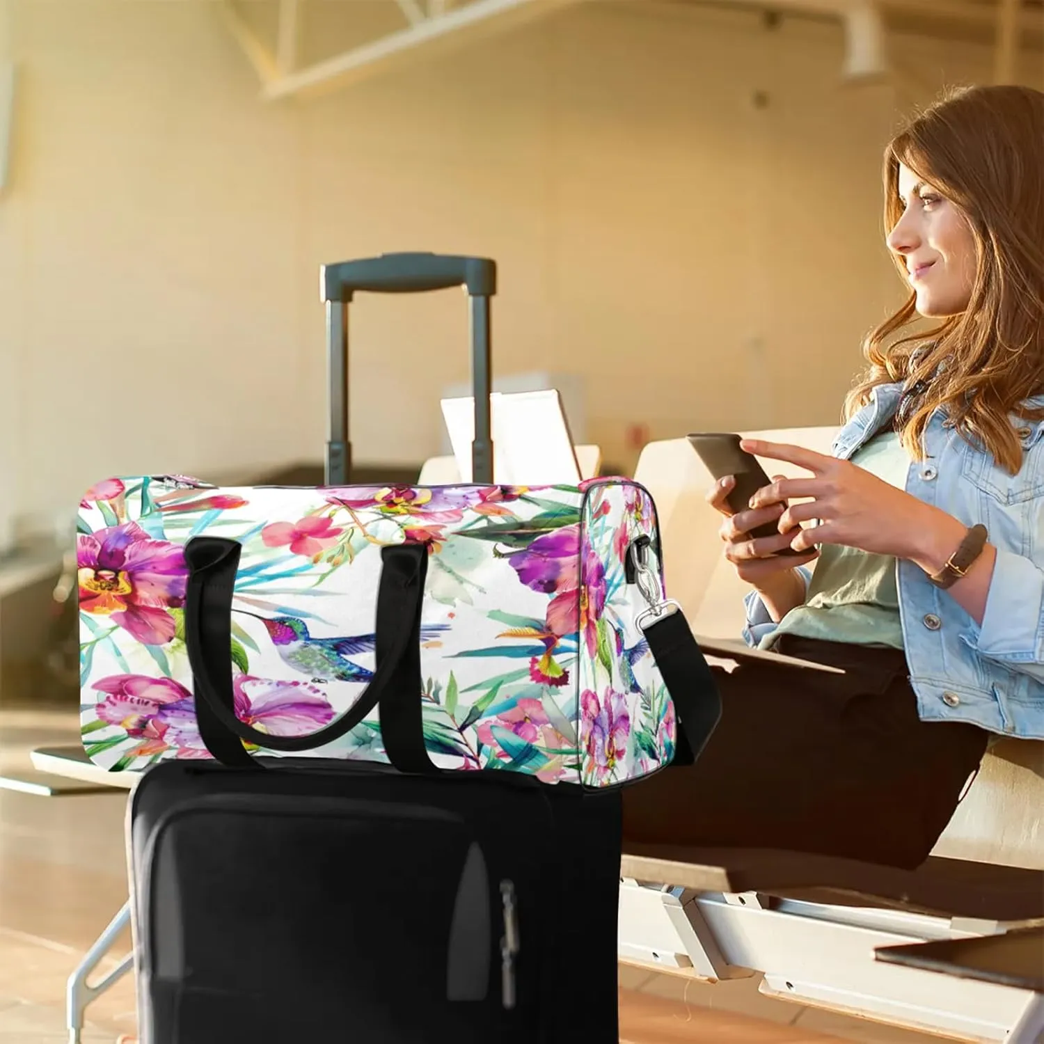 Floral Hummingbird Travel Bag for Men Women, Gym Duffle Bags for Travel, Carry On Luggage Bag, Weekender Overnight Workout Bags