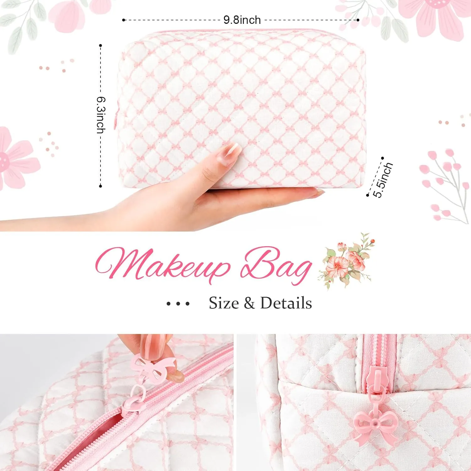 Floral Makeup Bag Large Quilted Cosmetic Bag Cute Makeup Pouch Coquette Makeup Bag Aesthetic Travel toiletry bag Organizer Cotton Makeup Brushes Storage Bag for Women (Bow & Chain -L)