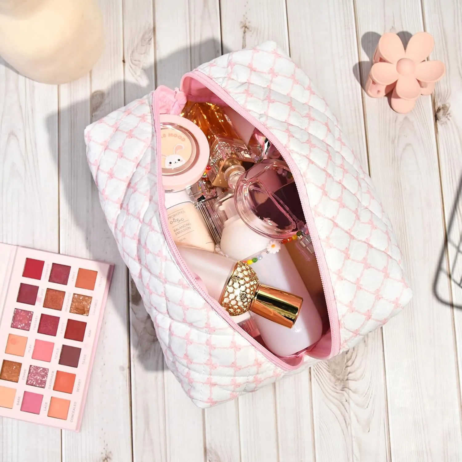 Floral Makeup Bag Large Quilted Cosmetic Bag Cute Makeup Pouch Coquette Makeup Bag Aesthetic Travel toiletry bag Organizer Cotton Makeup Brushes Storage Bag for Women (Bow & Chain -L)
