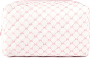 Floral Makeup Bag Large Quilted Cosmetic Bag Cute Makeup Pouch Coquette Makeup Bag Aesthetic Travel toiletry bag Organizer Cotton Makeup Brushes Storage Bag for Women (Bow & Chain -L)