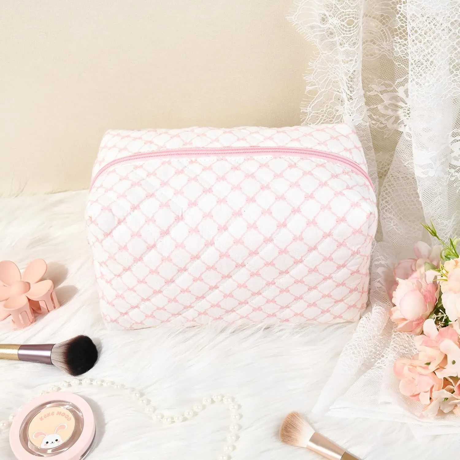 Floral Makeup Bag Large Quilted Cosmetic Bag Cute Makeup Pouch Coquette Makeup Bag Aesthetic Travel toiletry bag Organizer Cotton Makeup Brushes Storage Bag for Women (Bow & Chain -L)