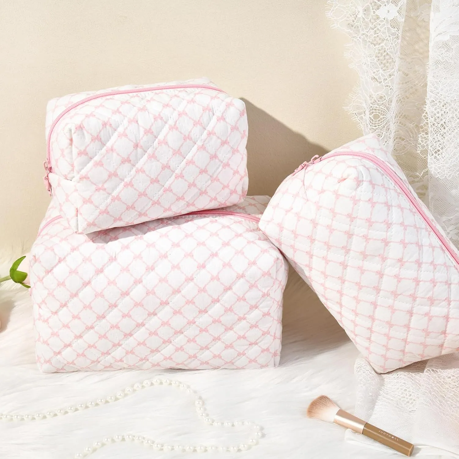 Floral Makeup Bag Large Quilted Cosmetic Bag Cute Makeup Pouch Coquette Makeup Bag Aesthetic Travel toiletry bag Organizer Cotton Makeup Brushes Storage Bag for Women (Bow & Chain -L)