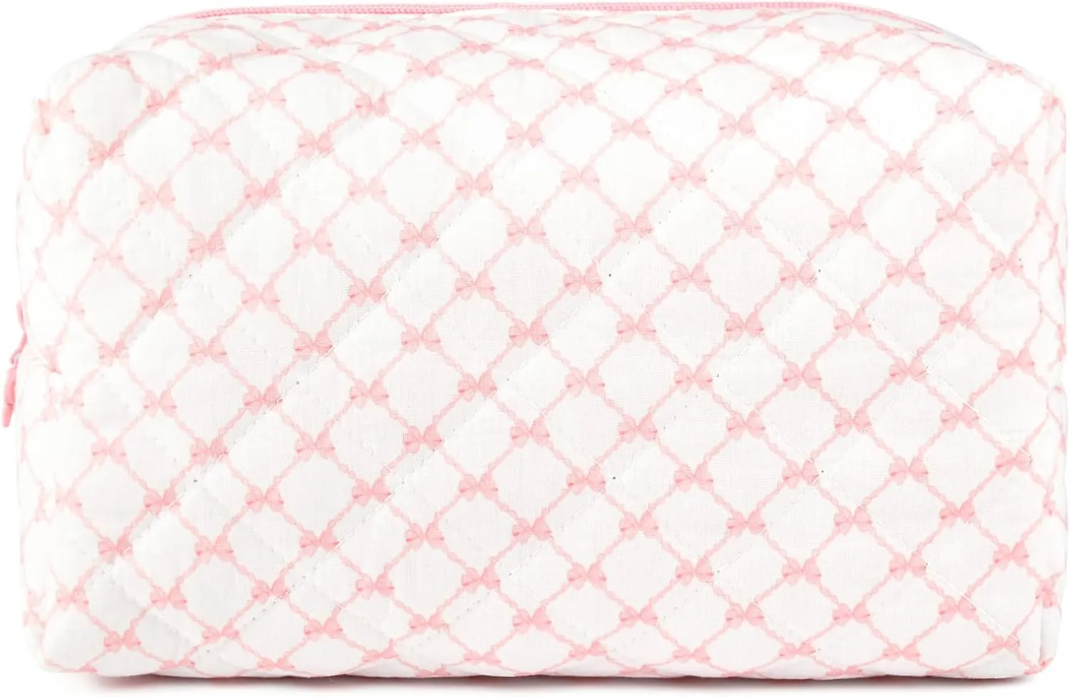 Floral Makeup Bag Large Quilted Cosmetic Bag Cute Makeup Pouch Coquette Makeup Bag Aesthetic Travel toiletry bag Organizer Cotton Makeup Brushes Storage Bag for Women (Bow & Chain -L)