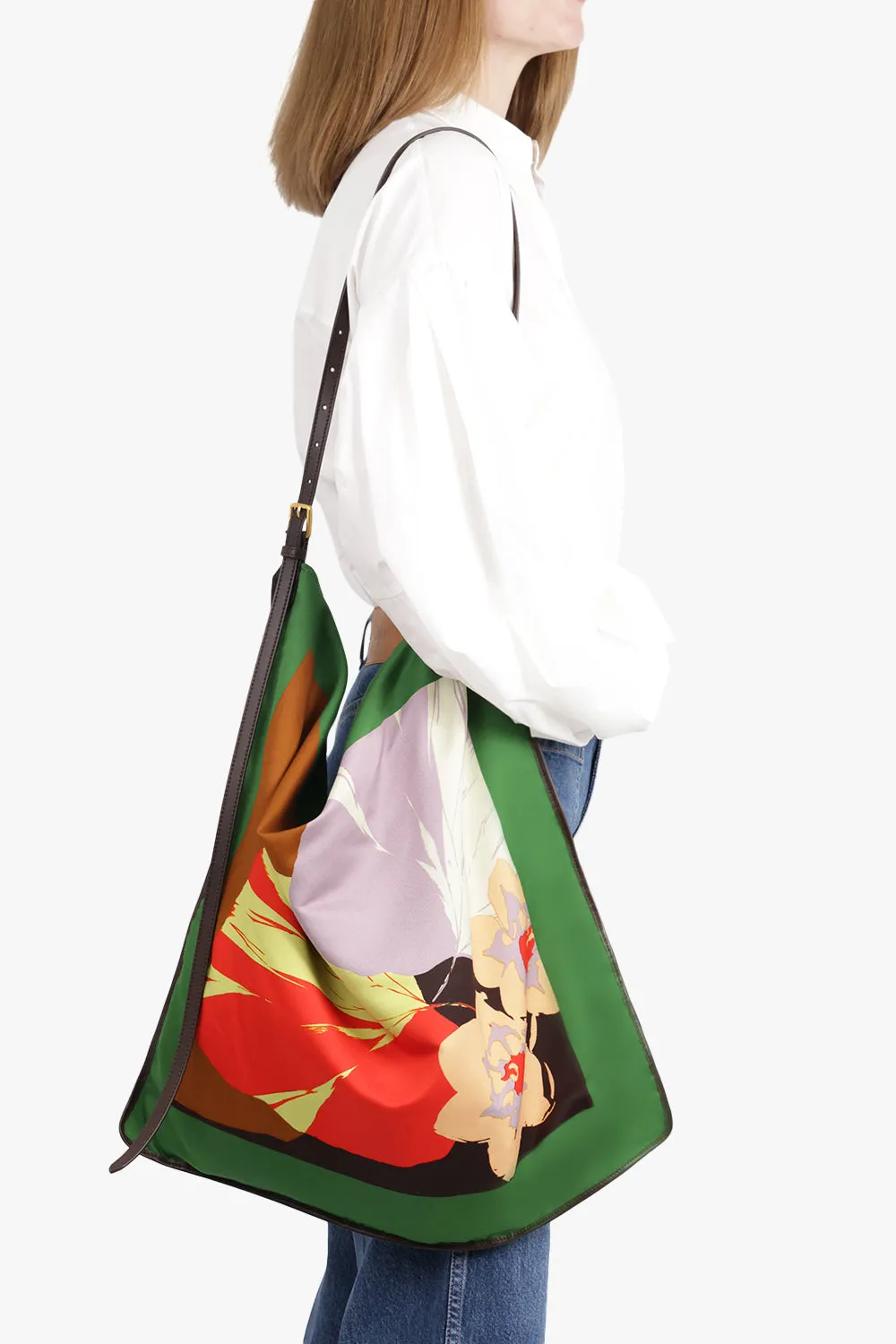 Floral Print Large Hobo Bag With Belt Strap | Brown/Red
