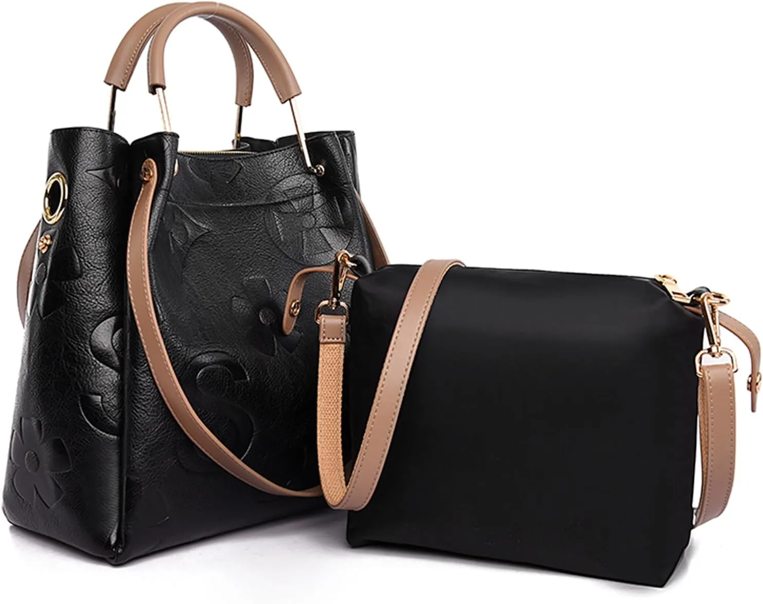 Floral Tote Bags for Women - Retro Embossed Leather Top Handle Handbag Set Large Shoulder Bag 3-in-1 Trendy Hobo Purse Ladies Bucket Satchel with Pouch Black