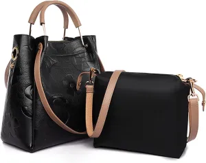Floral Tote Bags for Women - Retro Embossed Leather Top Handle Handbag Set Large Shoulder Bag 3-in-1 Trendy Hobo Purse Ladies Bucket Satchel with Pouch Black
