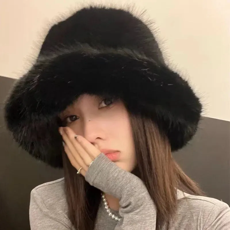 Fluffy Faux Fur Bucket Hats Women Rabbit Fur Warm Thick Plush Winter Hat Lady Fashion Luxury Panama Furry Fisherman Cap Y2k