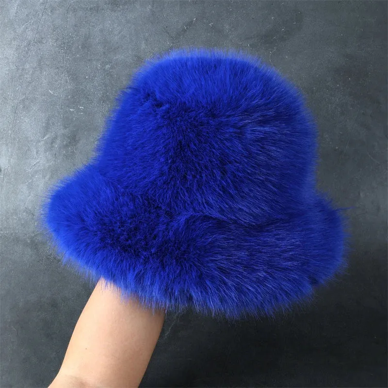 Fluffy Faux Fur Bucket Hats Women Rabbit Fur Warm Thick Plush Winter Hat Lady Fashion Luxury Panama Furry Fisherman Cap Y2k