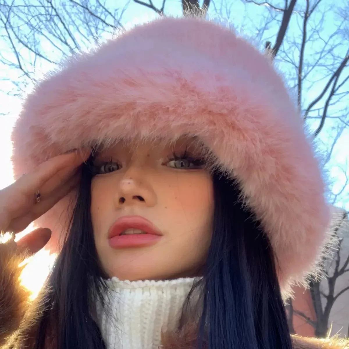 Fluffy Faux Fur Bucket Hats Women Rabbit Fur Warm Thick Plush Winter Hat Lady Fashion Luxury Panama Furry Fisherman Cap Y2k