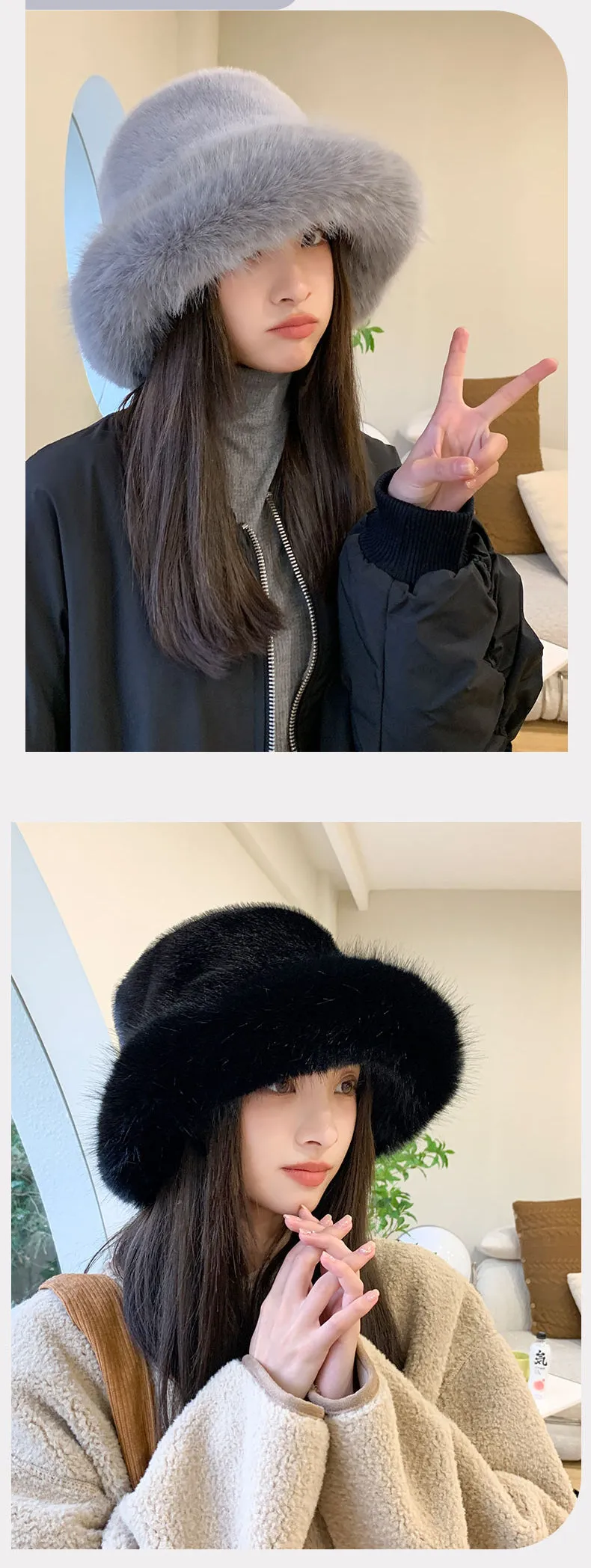 Fluffy Faux Fur Bucket Hats Women Rabbit Fur Warm Thick Plush Winter Hat Lady Fashion Luxury Panama Furry Fisherman Cap Y2k