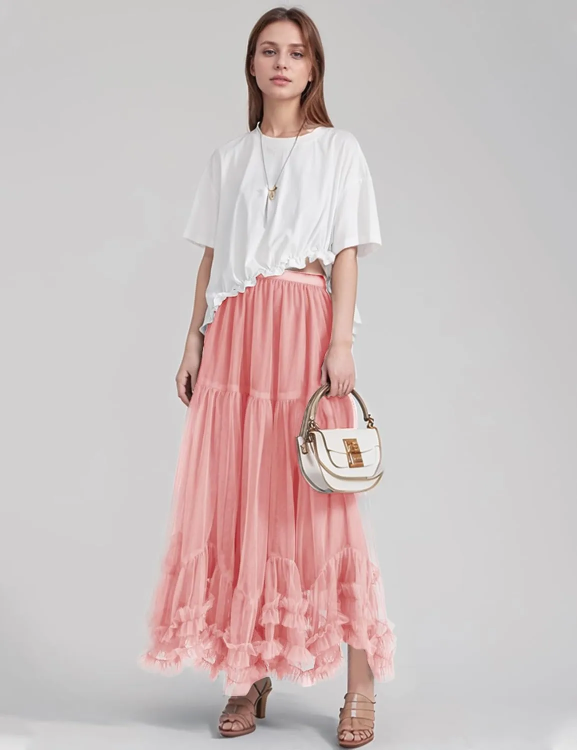 Flygo Women's Maxi Tulle Skirt Long Tiered A Line Mesh Tutu Fairy High Elastic Waist Pleated Layered Skirts