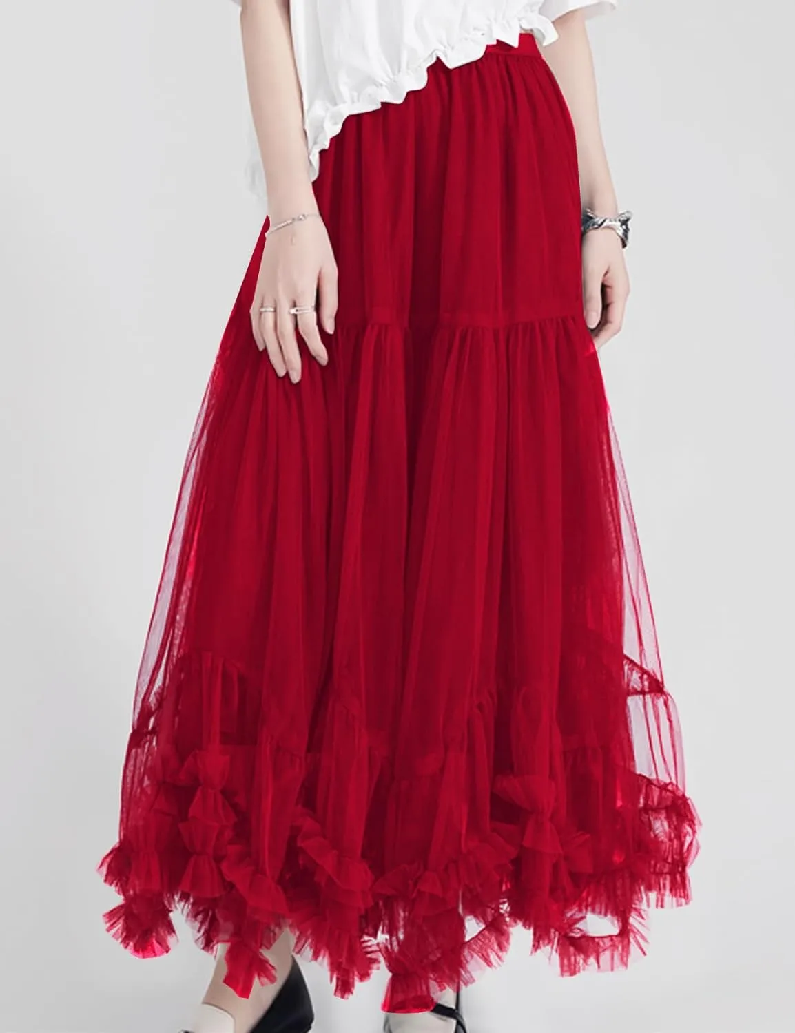 Flygo Women's Maxi Tulle Skirt Long Tiered A Line Mesh Tutu Fairy High Elastic Waist Pleated Layered Skirts
