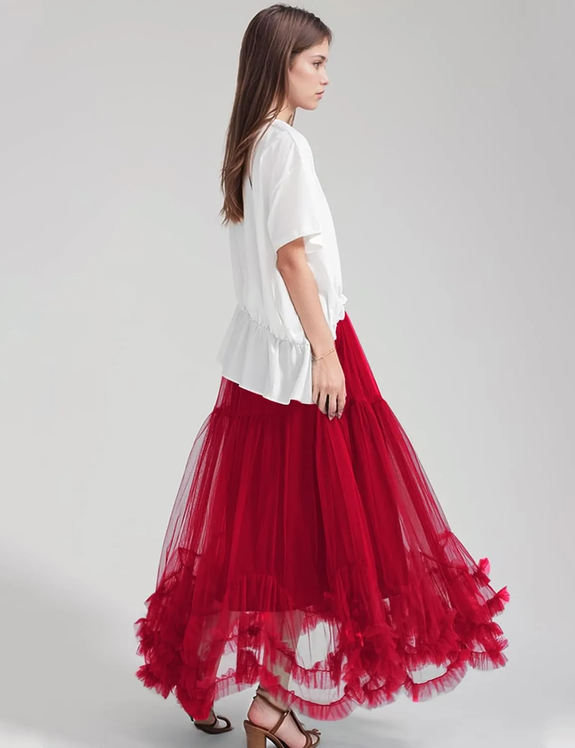 Flygo Women's Maxi Tulle Skirt Long Tiered A Line Mesh Tutu Fairy High Elastic Waist Pleated Layered Skirts