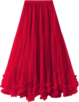 Flygo Women's Maxi Tulle Skirt Long Tiered A Line Mesh Tutu Fairy High Elastic Waist Pleated Layered Skirts