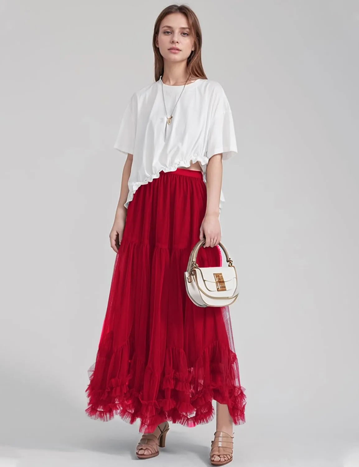 Flygo Women's Maxi Tulle Skirt Long Tiered A Line Mesh Tutu Fairy High Elastic Waist Pleated Layered Skirts