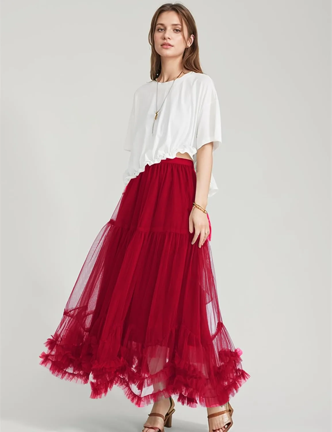 Flygo Women's Maxi Tulle Skirt Long Tiered A Line Mesh Tutu Fairy High Elastic Waist Pleated Layered Skirts