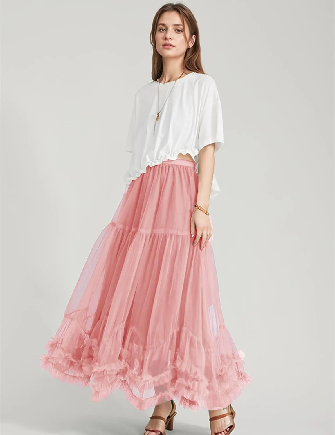 Flygo Women's Maxi Tulle Skirt Long Tiered A Line Mesh Tutu Fairy High Elastic Waist Pleated Layered Skirts