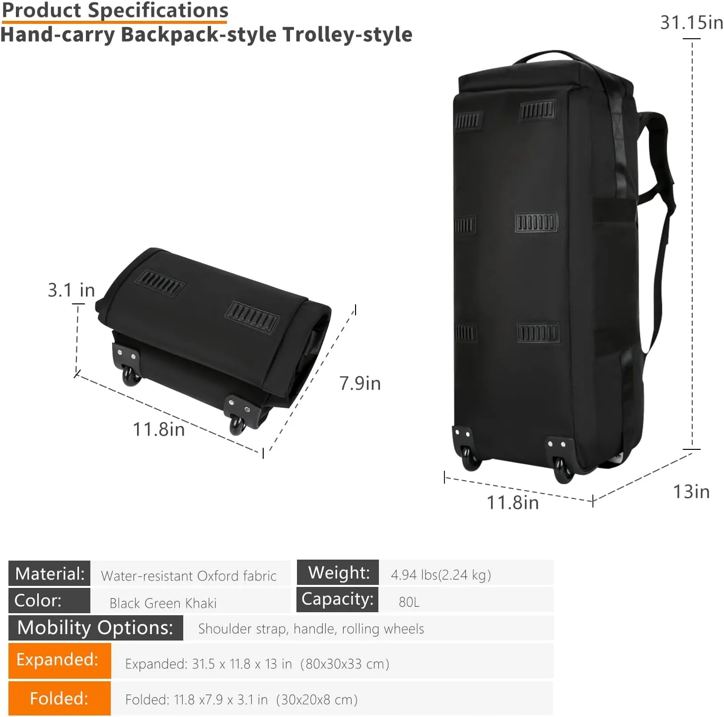 Foldable Duffel Backpack with Wheels.80L Rolling Duffle Bag Luggage Suitcase Outdoor Sports Carry On Garment Bags for Travel Camp (Khaki)