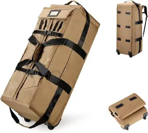 Foldable Duffel Backpack with Wheels.80L Rolling Duffle Bag Luggage Suitcase Outdoor Sports Carry On Garment Bags for Travel Camp (Khaki)