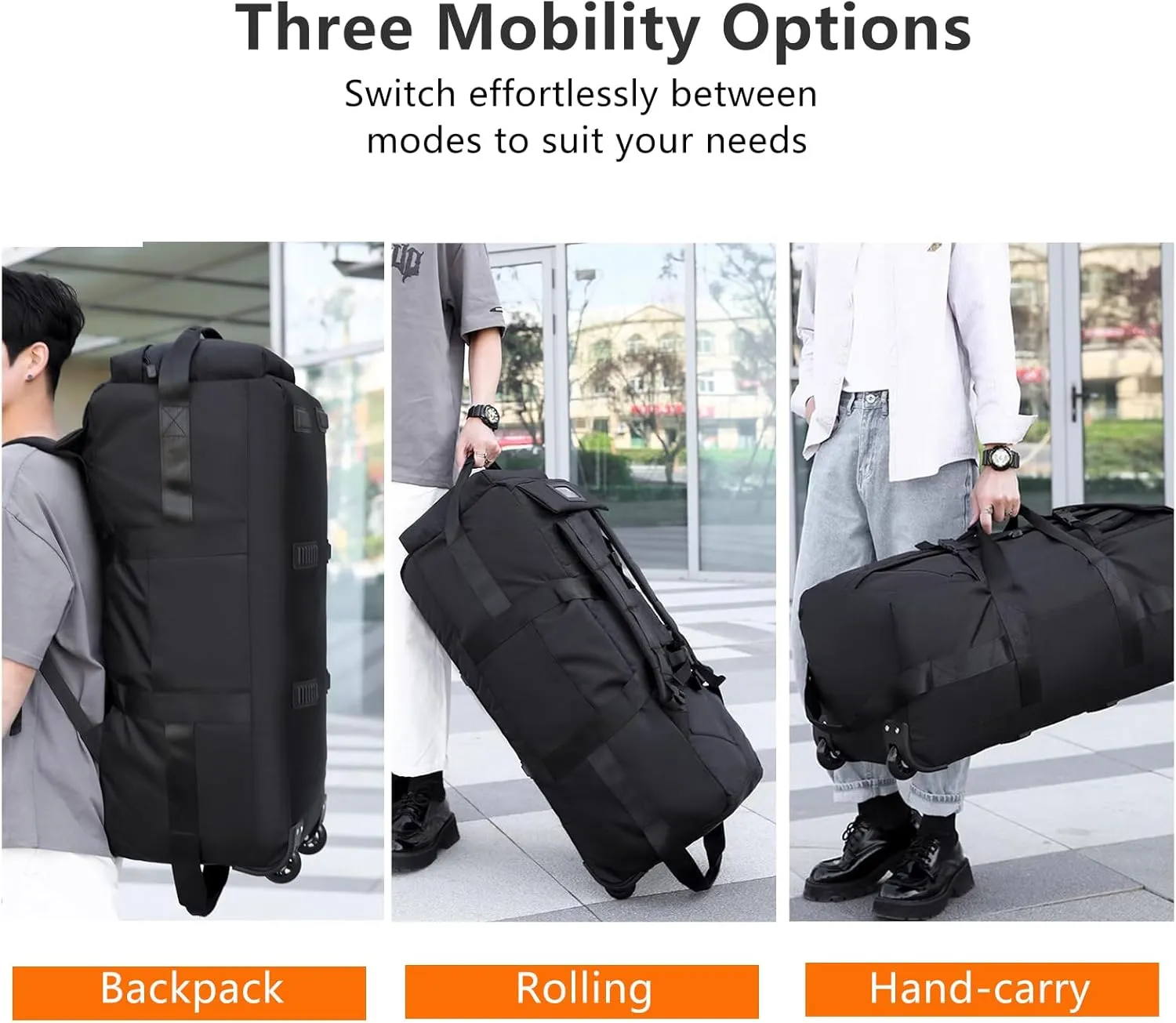 Foldable Duffel Backpack with Wheels.80L Rolling Duffle Bag Luggage Suitcase Outdoor Sports Carry On Garment Bags for Travel Camp (Khaki)