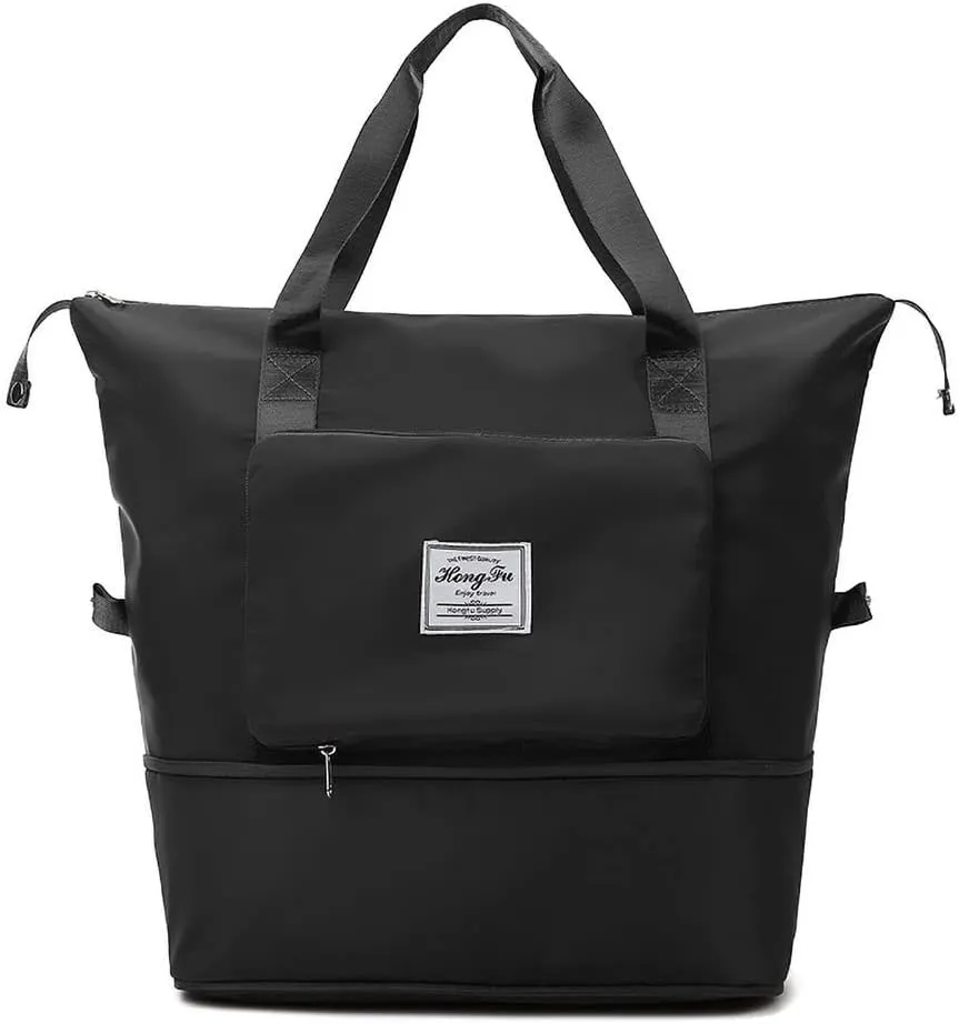 Foldable Travel Duffle Bag for Women Collapsible Cute Large Capacity Folding Waterproof Shoulder Bag Gym Yoga Fitness Workout Lightweight Foldable Dry & Wet Separation Tote Luggage Bags (Black)