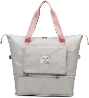 Foldable Travel Duffle Bag for Women Collapsible Cute Large Capacity Folding Waterproof Shoulder Bag Gym Yoga Fitness Workout Lightweight Foldable Dry & Wet Separation Tote Luggage Bags (Gray Pink)