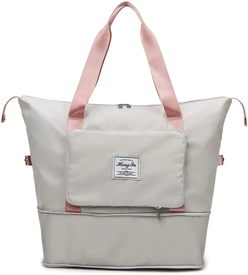 Foldable Travel Duffle Bag for Women Collapsible Cute Large Capacity Folding Waterproof Shoulder Bag Gym Yoga Fitness Workout Lightweight Foldable Dry & Wet Separation Tote Luggage Bags (Gray Pink)