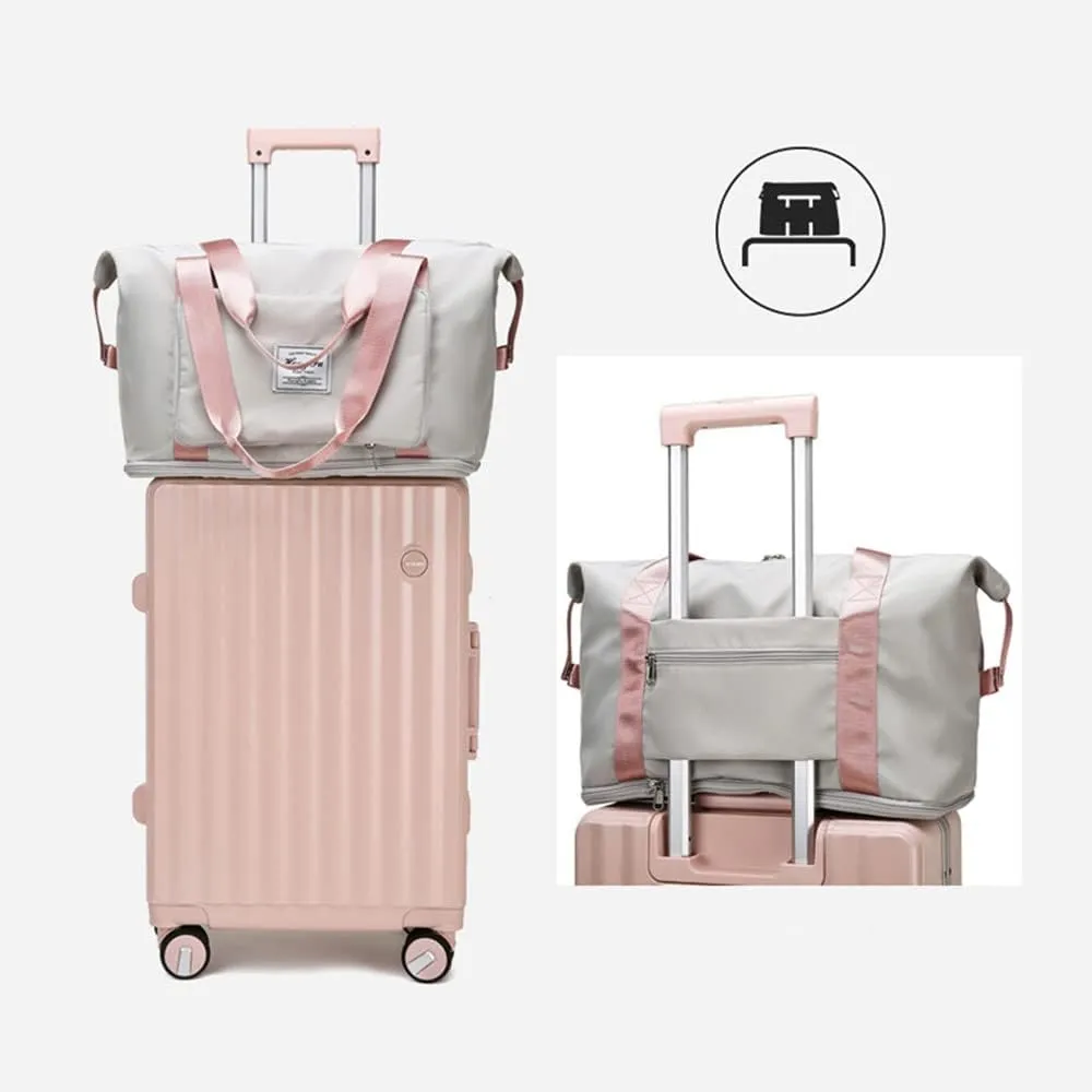 Foldable Travel Duffle Bag for Women Collapsible Cute Large Capacity Folding Waterproof Shoulder Bag Gym Yoga Fitness Workout Lightweight Foldable Dry & Wet Separation Tote Luggage Bags (Gray Pink)