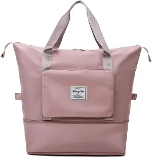 Foldable Travel Duffle Bag for Women Collapsible Cute Large Capacity Folding Waterproof Shoulder Bag Gym Yoga Fitness Workout Lightweight Foldable Dry & Wet Separation Tote Luggage Bags (Pink)