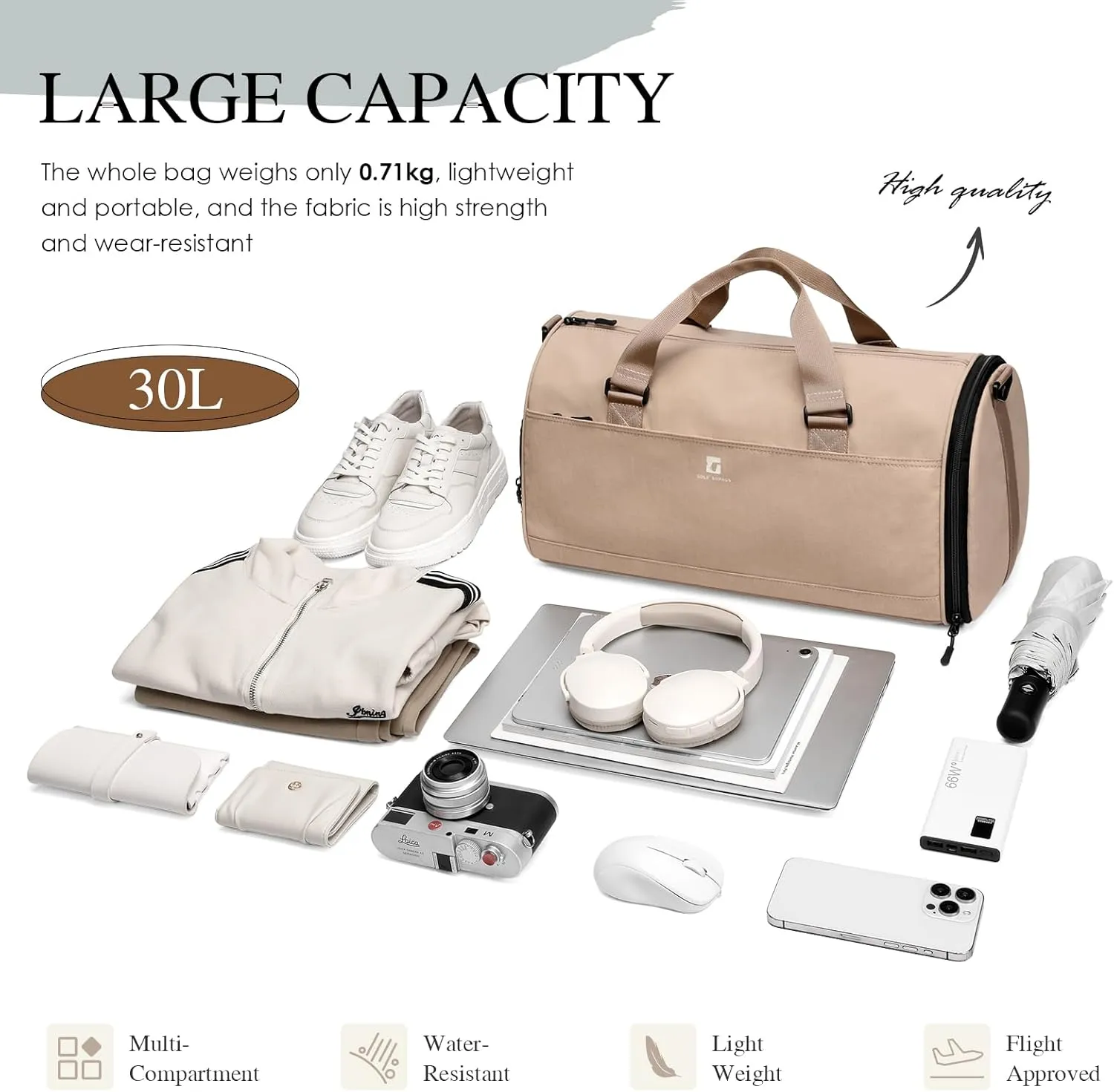Foldaway Packable Travel Duffel Bag for Men Women, 30.6L Sport Gym Bag with Shoes Compartment Foldable Weekender Tote Bag (Khaki)