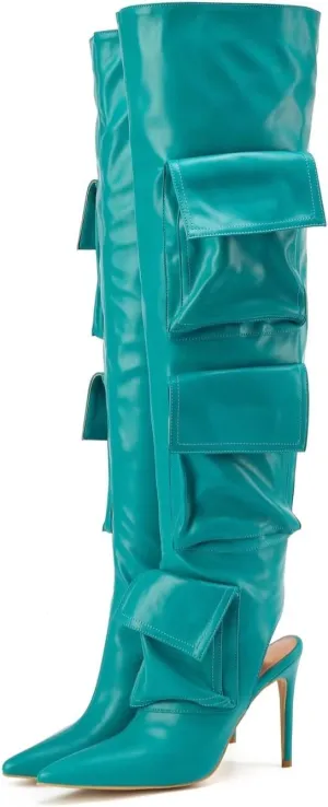 Frankie Hsu Sexy Green Pocket Bags Stiletto Over The Knee Summer Pant Boots, Desinger Style Heel Thigh High Boot, Large Size Teal Color Cargo Sexy Shoes For Women