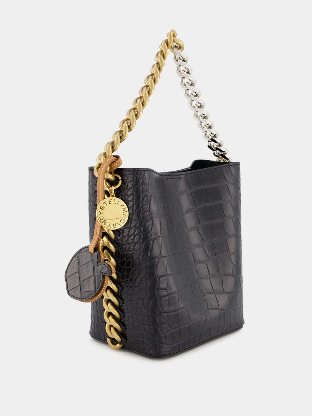 Frayme Croc-Effect Embossed Black Bucket Bag