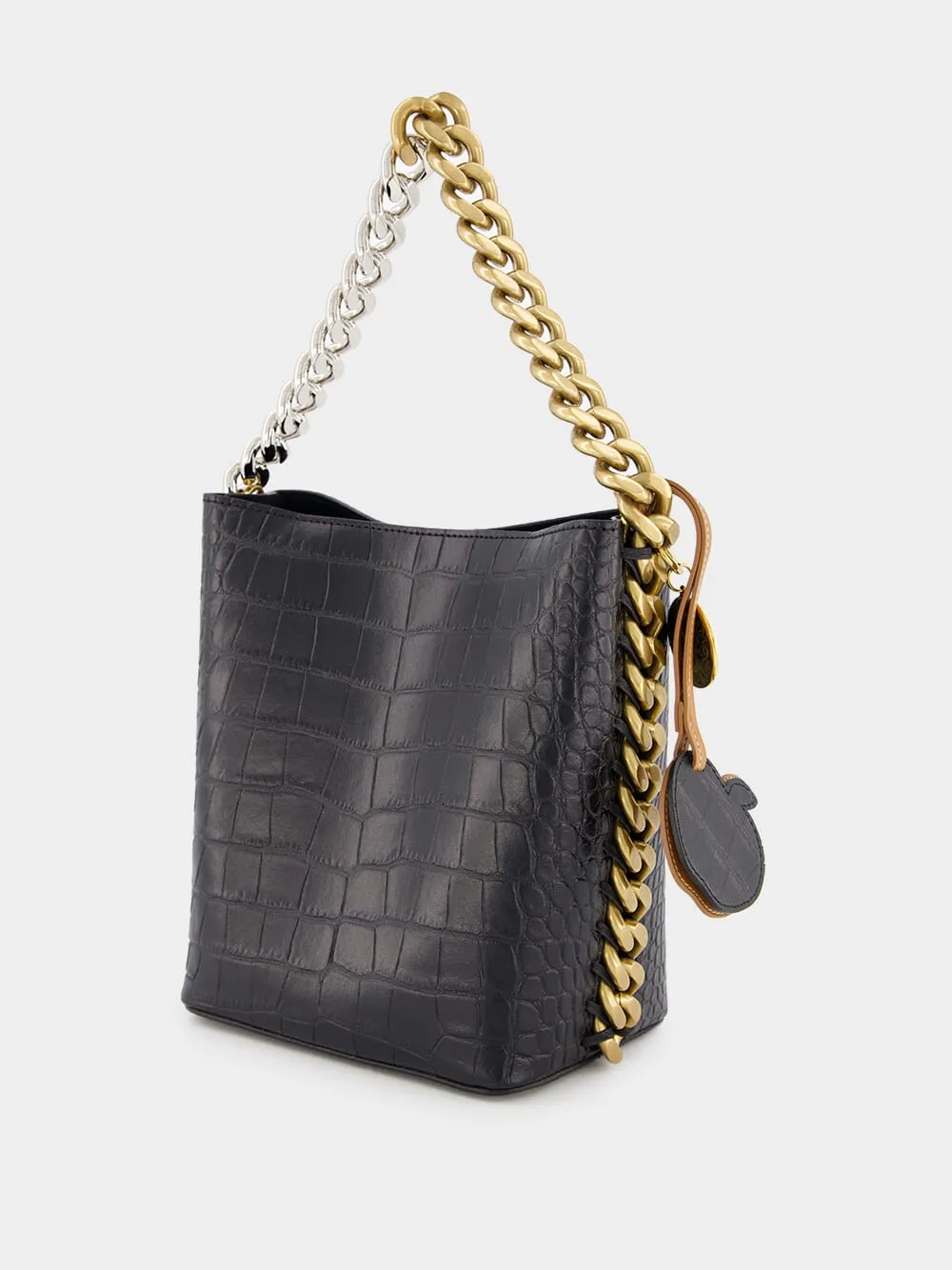 Frayme Croc-Effect Embossed Black Bucket Bag