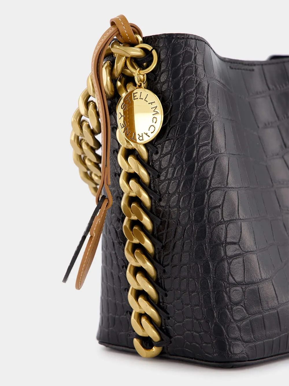 Frayme Croc-Effect Embossed Black Bucket Bag
