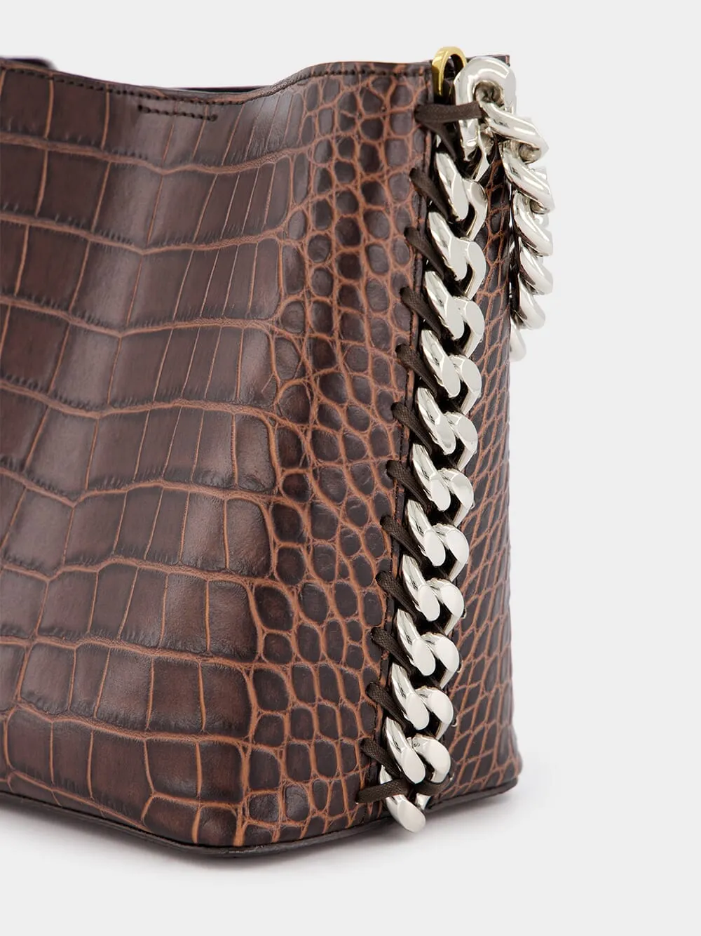 Frayme Croc-Effect Embossed Brown Bucket Bag