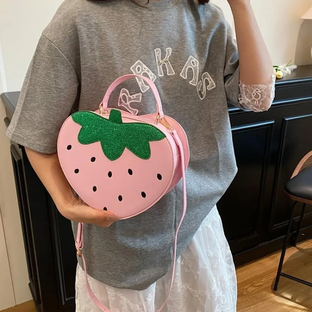 Fruit Strawberry Shaped Shoulder Bag, PU Leather Mini Sweet Cartoon Crossbody Purse, Novelty Cute Top Handle Handbag Satchel
