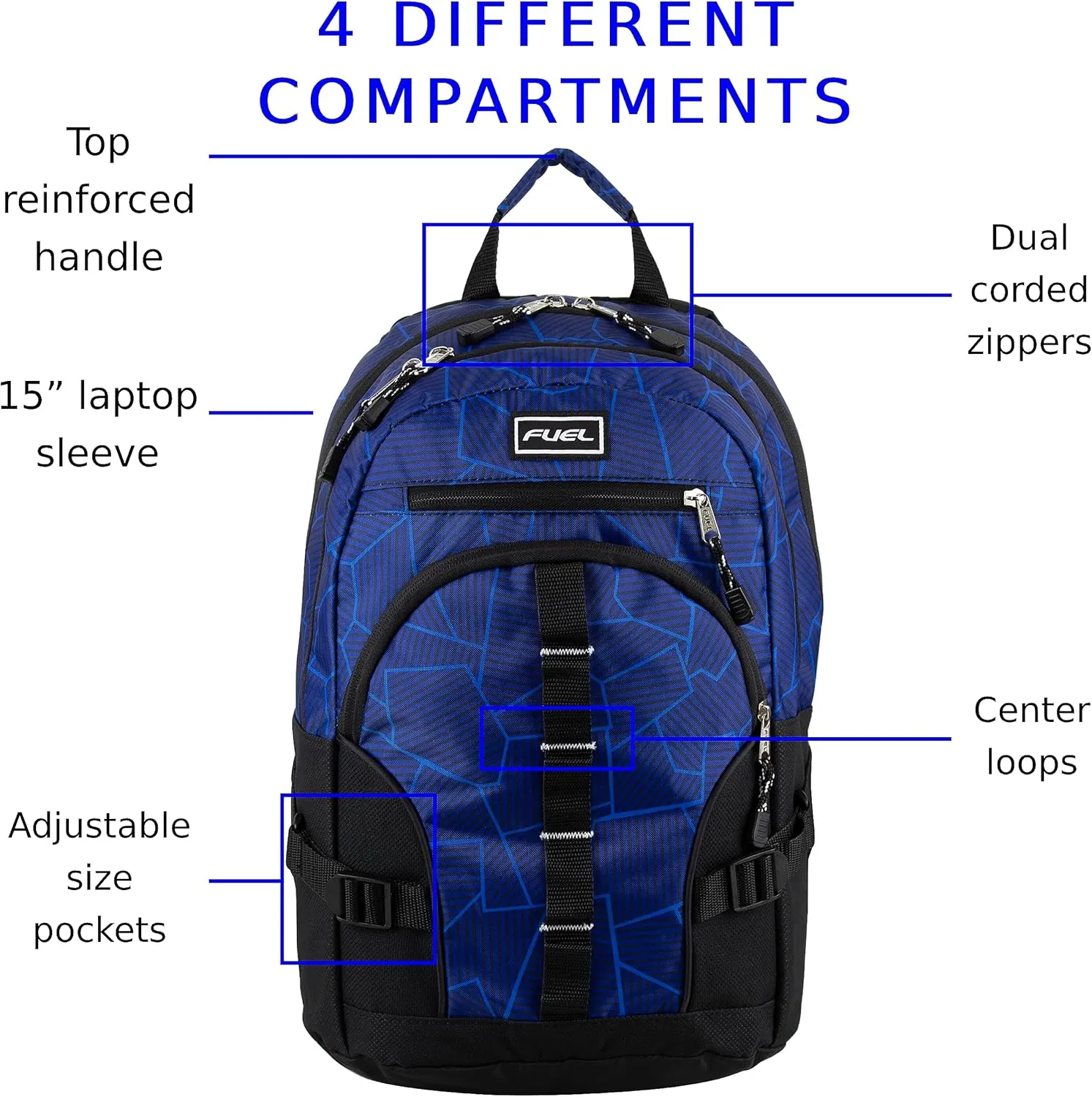 FUEL Hiking Laptop Backpack, College Bookbag, Travel Daypack with 5 Compartments, Dynamo Tech Pocket, 18.5 Inches