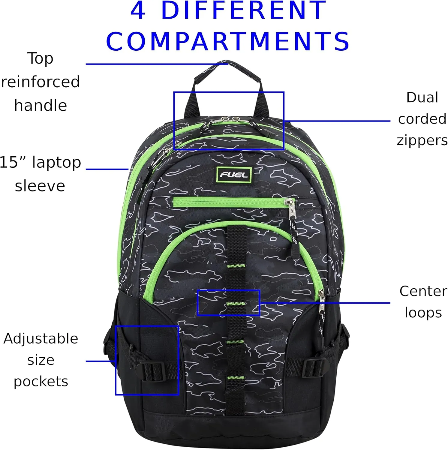 FUEL Hiking Laptop Backpack, College Bookbag, Travel Daypack with 5 Compartments, Dynamo Tech Pocket, 18.5 Inches