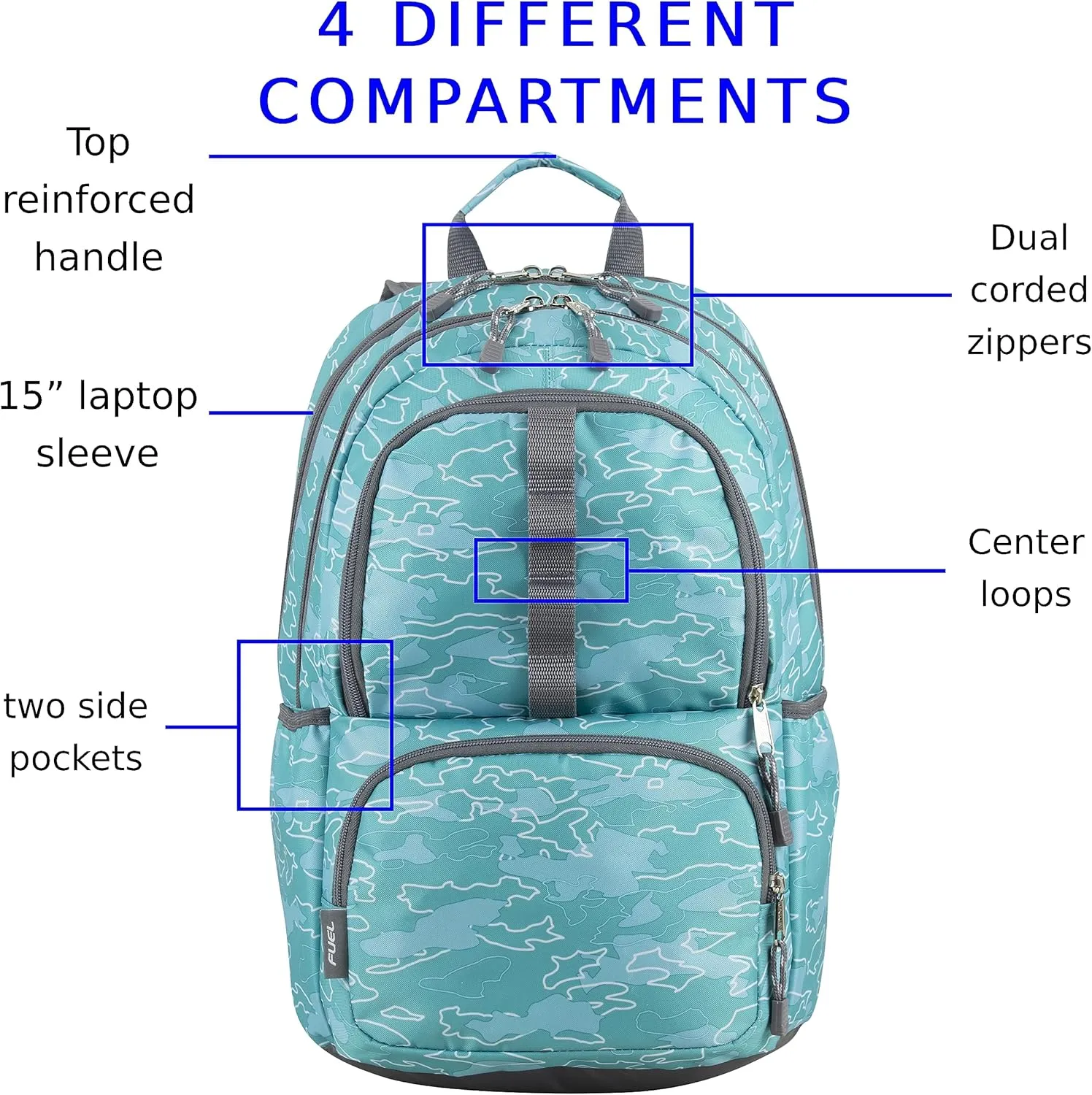 FUEL Hiking Laptop Backpack, College Bookbag, Travel Daypack with 5 Compartments, Dynamo Tech Pocket, 18.5 Inches