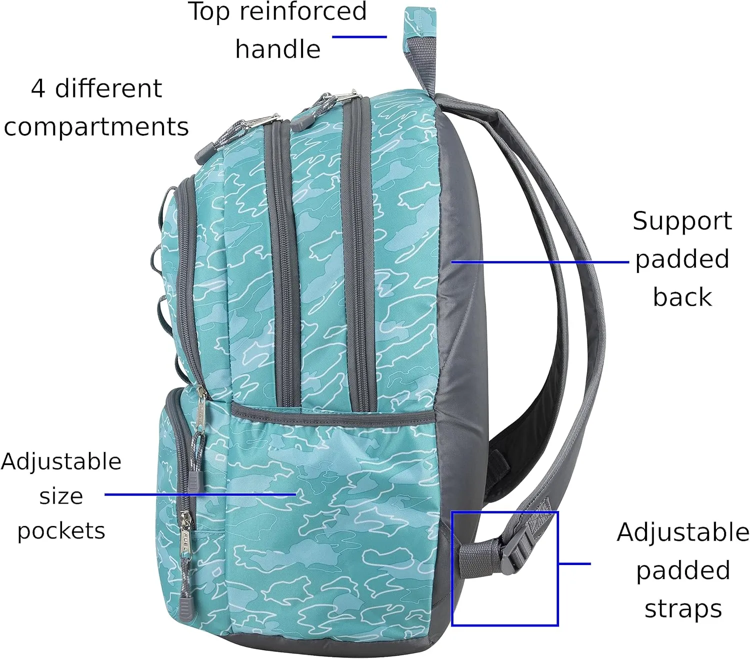 FUEL Hiking Laptop Backpack, College Bookbag, Travel Daypack with 5 Compartments, Dynamo Tech Pocket, 18.5 Inches