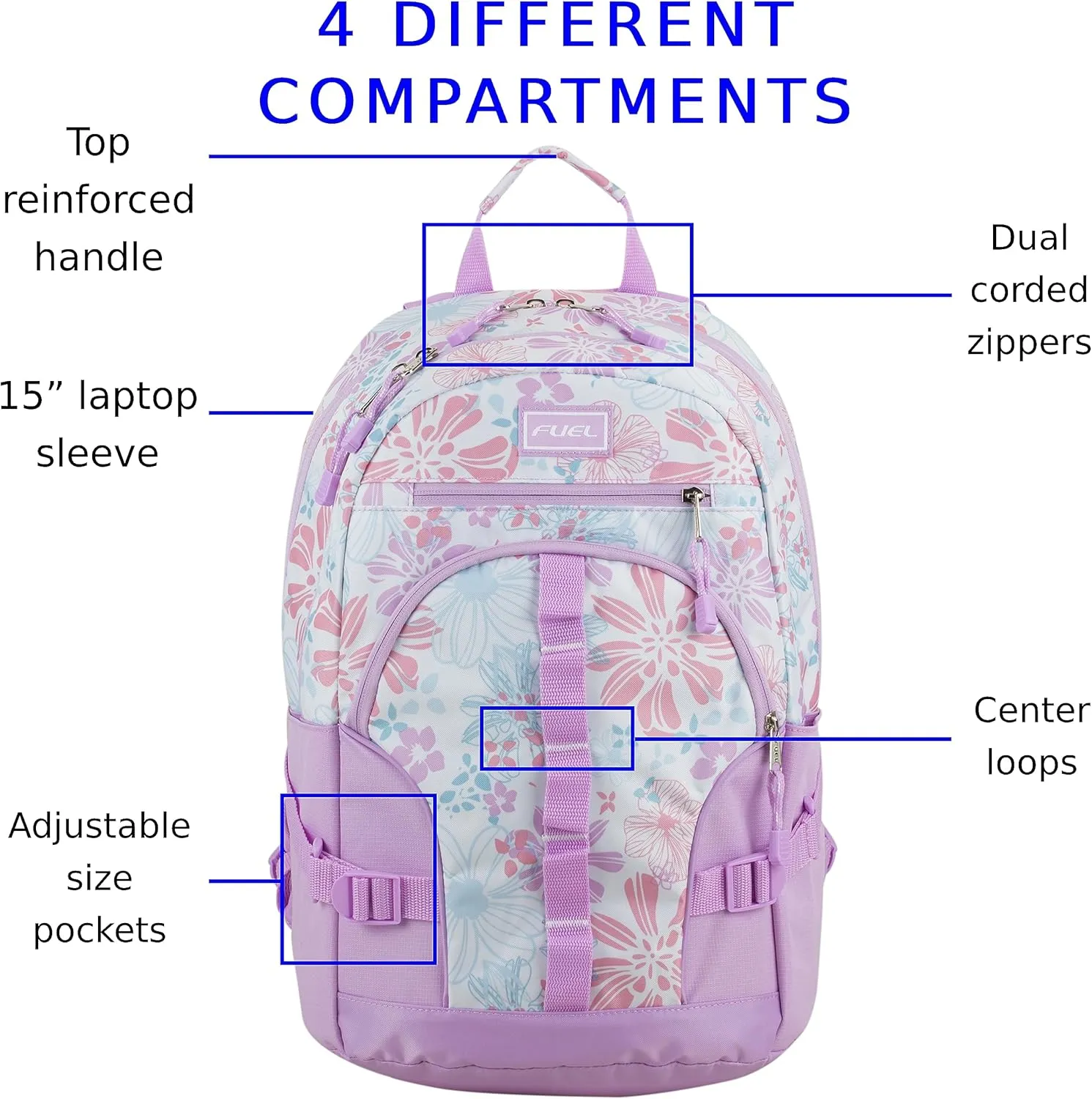 FUEL Hiking Laptop Backpack, College Bookbag, Travel Daypack with 5 Compartments, Dynamo Tech Pocket, 18.5 Inches