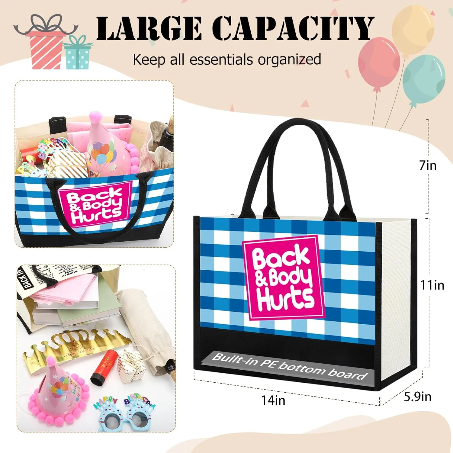 Funny Birthday Gifts Ideas for Women, Unique Back & Body Hurts Canvas Tote Bag for Her Mom Friend Teacher Wife Coworker, Happy Birthday Gifts for Woman