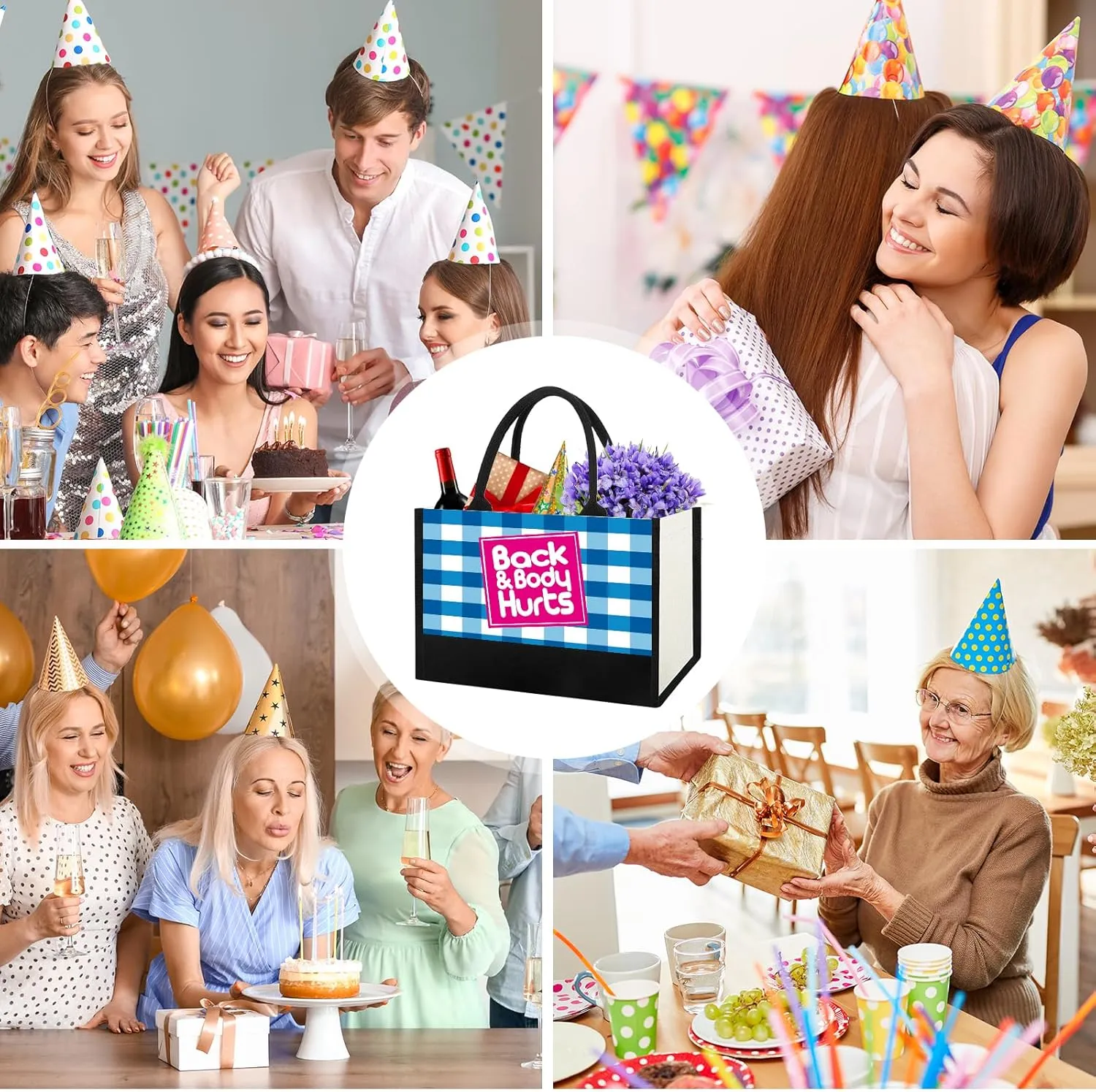 Funny Birthday Gifts Ideas for Women, Unique Back & Body Hurts Canvas Tote Bag for Her Mom Friend Teacher Wife Coworker, Happy Birthday Gifts for Woman