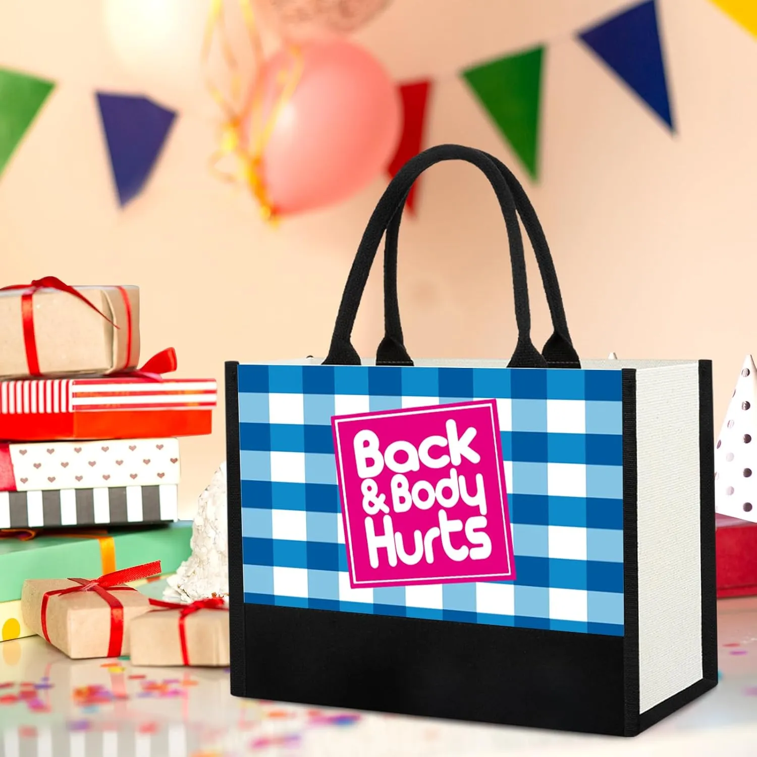 Funny Birthday Gifts Ideas for Women, Unique Back & Body Hurts Canvas Tote Bag for Her Mom Friend Teacher Wife Coworker, Happy Birthday Gifts for Woman