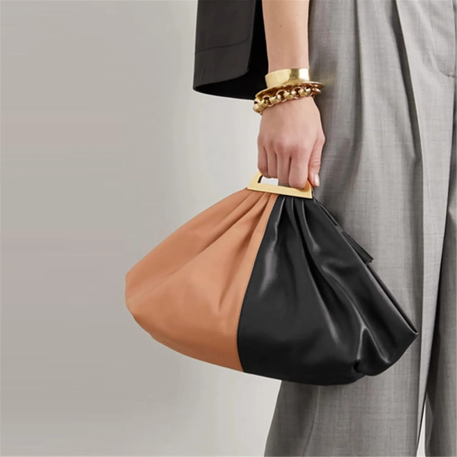 FURINFASHION GR-73 Soft Leather Handbag For Women With Wrinkles Fan-Shaped Different Colors Match Bags Clutch Purse Metal Handle (One Size, Khaki)