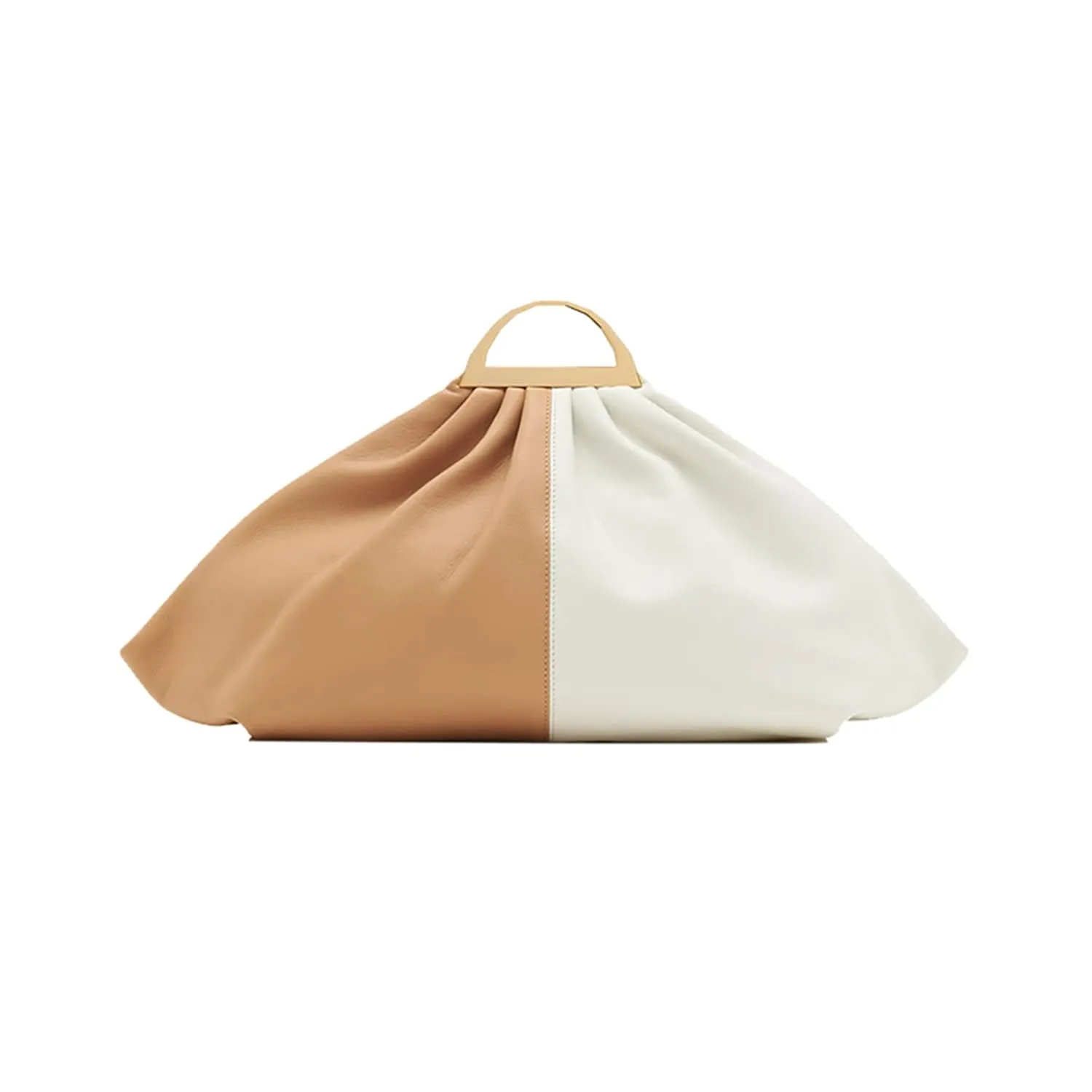 FURINFASHION GR-73 Soft Leather Handbag For Women With Wrinkles Fan-Shaped Different Colors Match Bags Clutch Purse Metal Handle (One Size, Khaki)