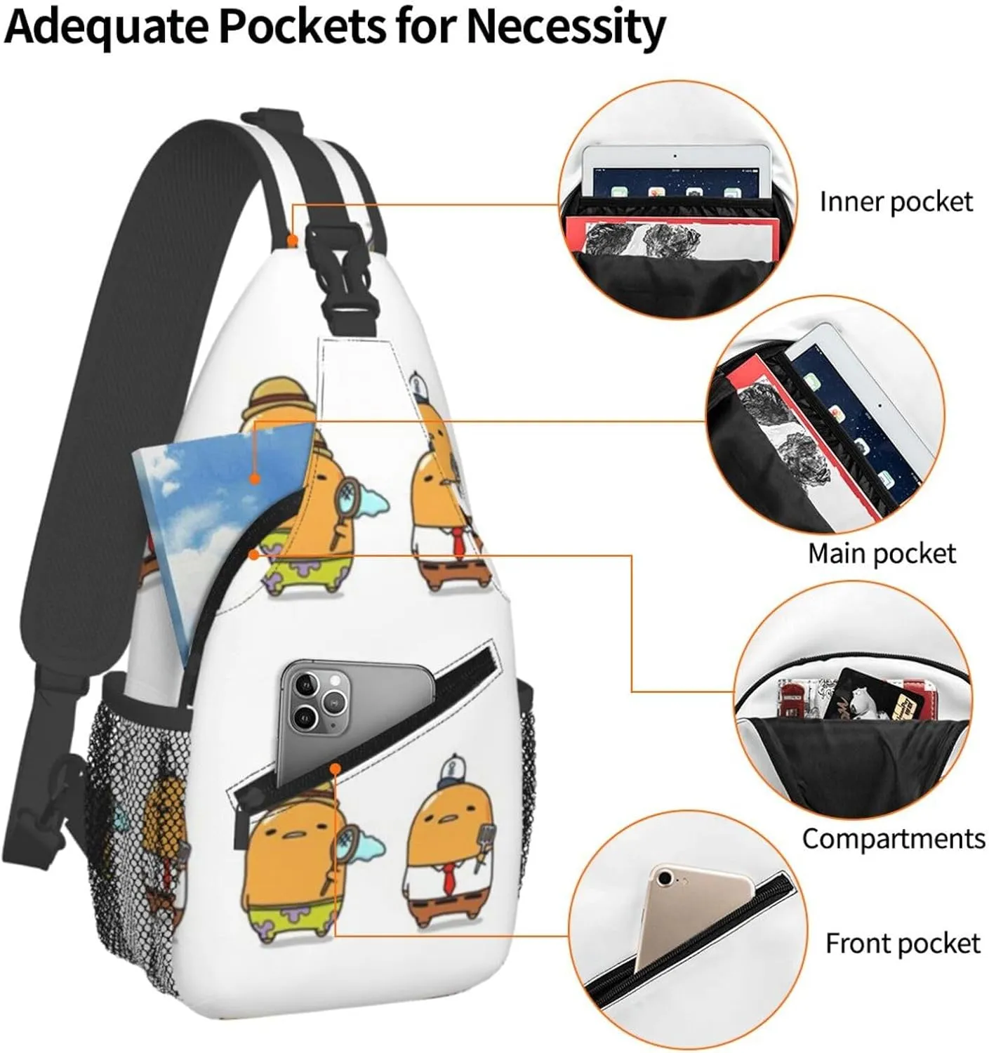 G-udetama Crossbody Chest Bag, Crossbody Convertible Shoulder Bag With Front Pocket, Single Shoulder Chest Bag Black