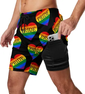 Gay Pride LGBT Love Heart Men's Swim Trunk Quick-Dry Shorts with Mesh Lining And Pockets